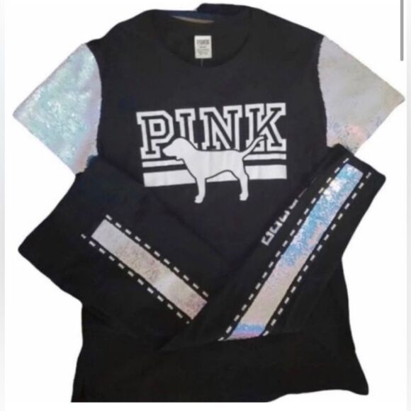 PINK VS MERMAID BLING TSHIRT / YOGA LEGGINGS SEQUINS OUTFIT SET S - Picture 5 of 13